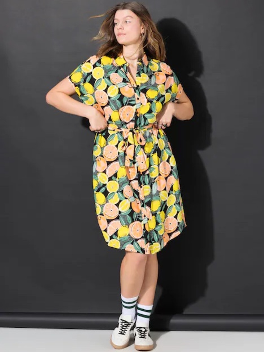 Studio Untold Fruit Print Cap Sleeve Button Down Midi Dress